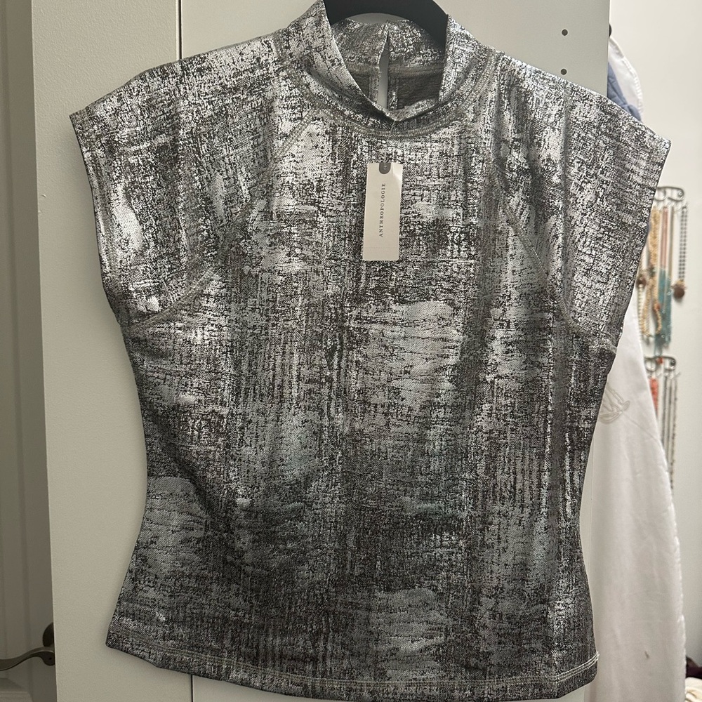 NWT-Pilcro Cap-Sleeve Mock-Neck Metallic Top